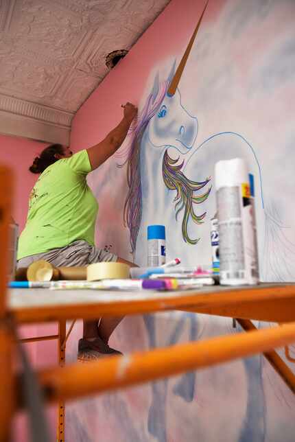 Muralist Sheri Johnson Lopez will paint several unicorn murals inside the House of Unicorn's...