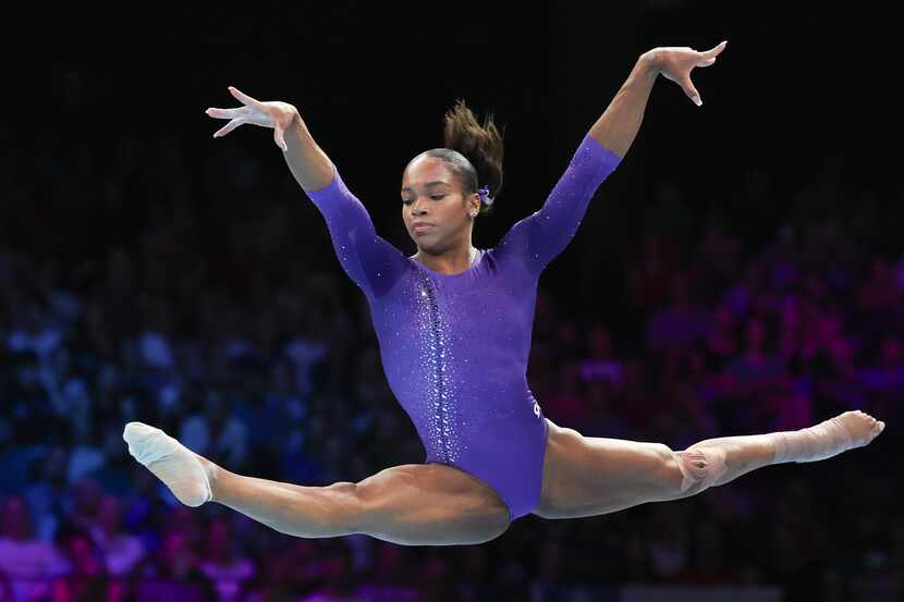FILE - United States' Shilese Jones competes on the floor during the apparatus finals at the...
