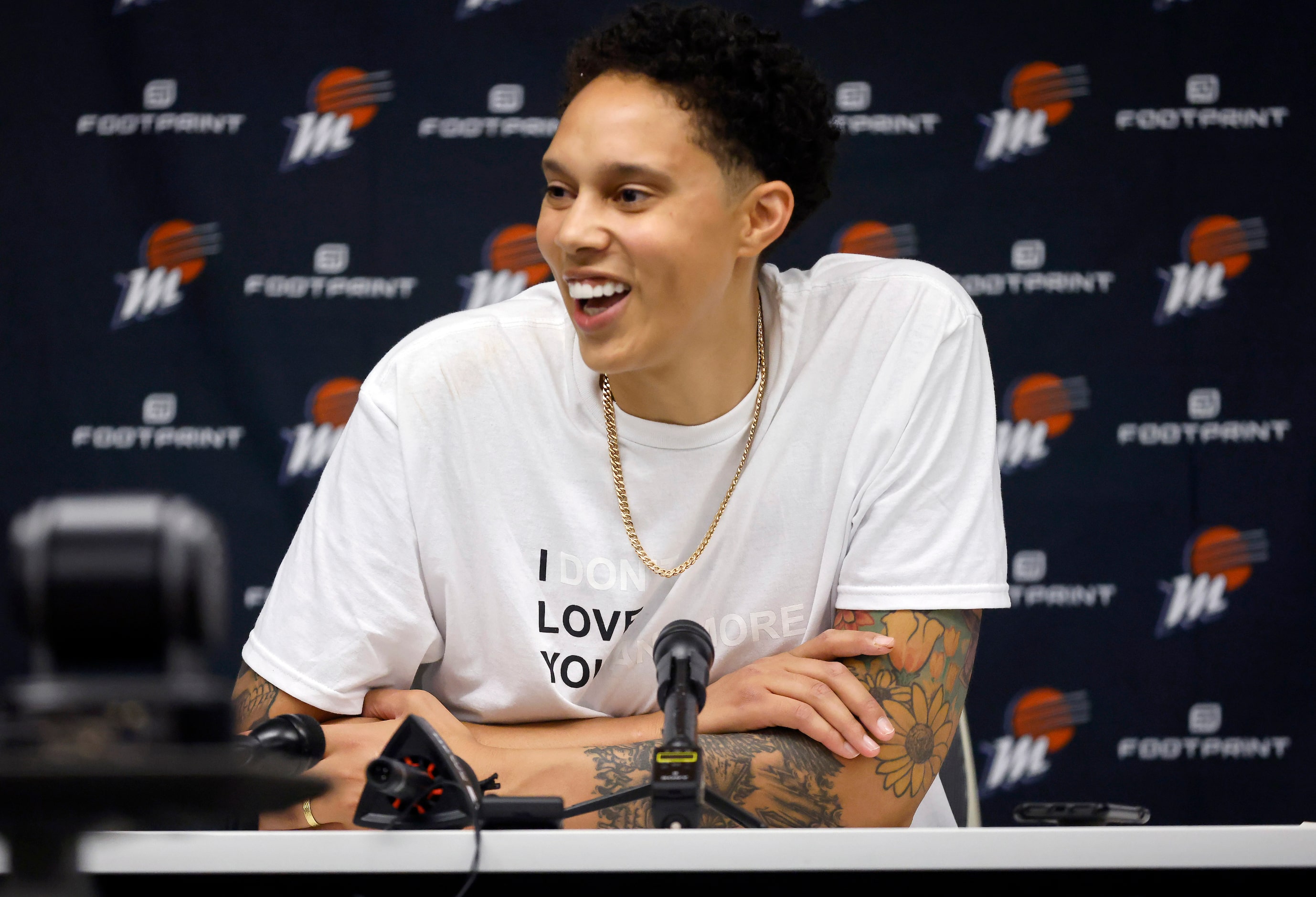 Phoenix Mercury center Brittney Griner (42) smiles when talking about her wife following her...