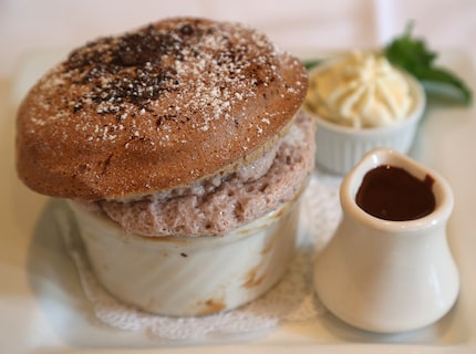 Can't go wrong with chocolate soufflé at Cadot Restaurant in Far North Dallas.