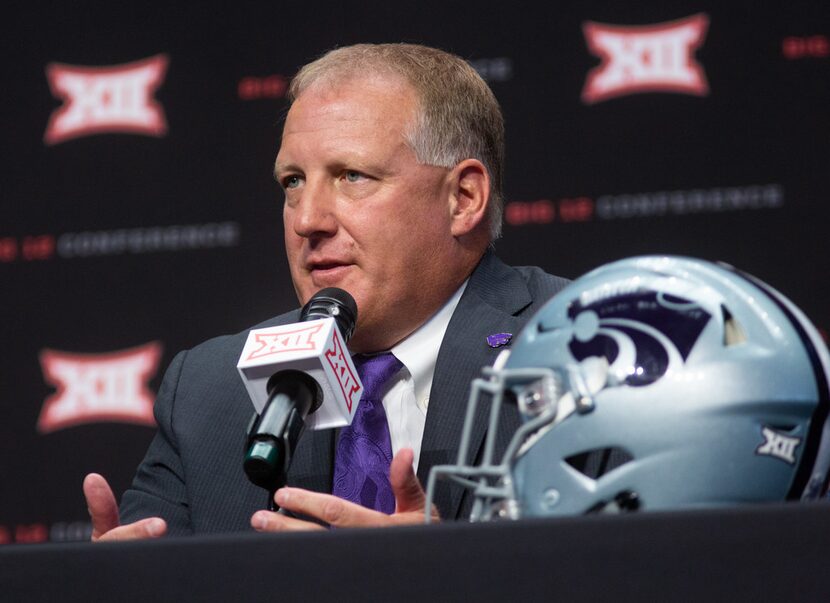 Kansas State University head football coach Chris Klieman speaks at a press conference...