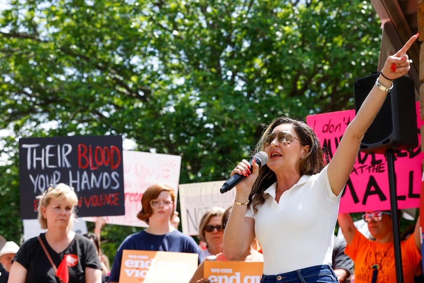 Texas State Rep. Mihaela Plesa speaks during a rally to support the Allen community and...