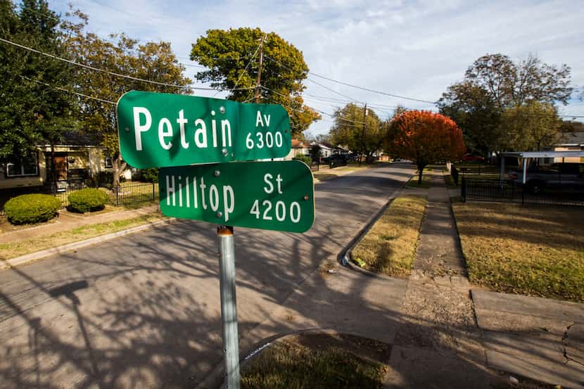 The corner of Petain Avenue and Hilltop Street in southeast Dallas.