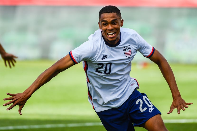 Reggie Cannon #20 of the United States celebrates a goal during a game against Costa Rica at...