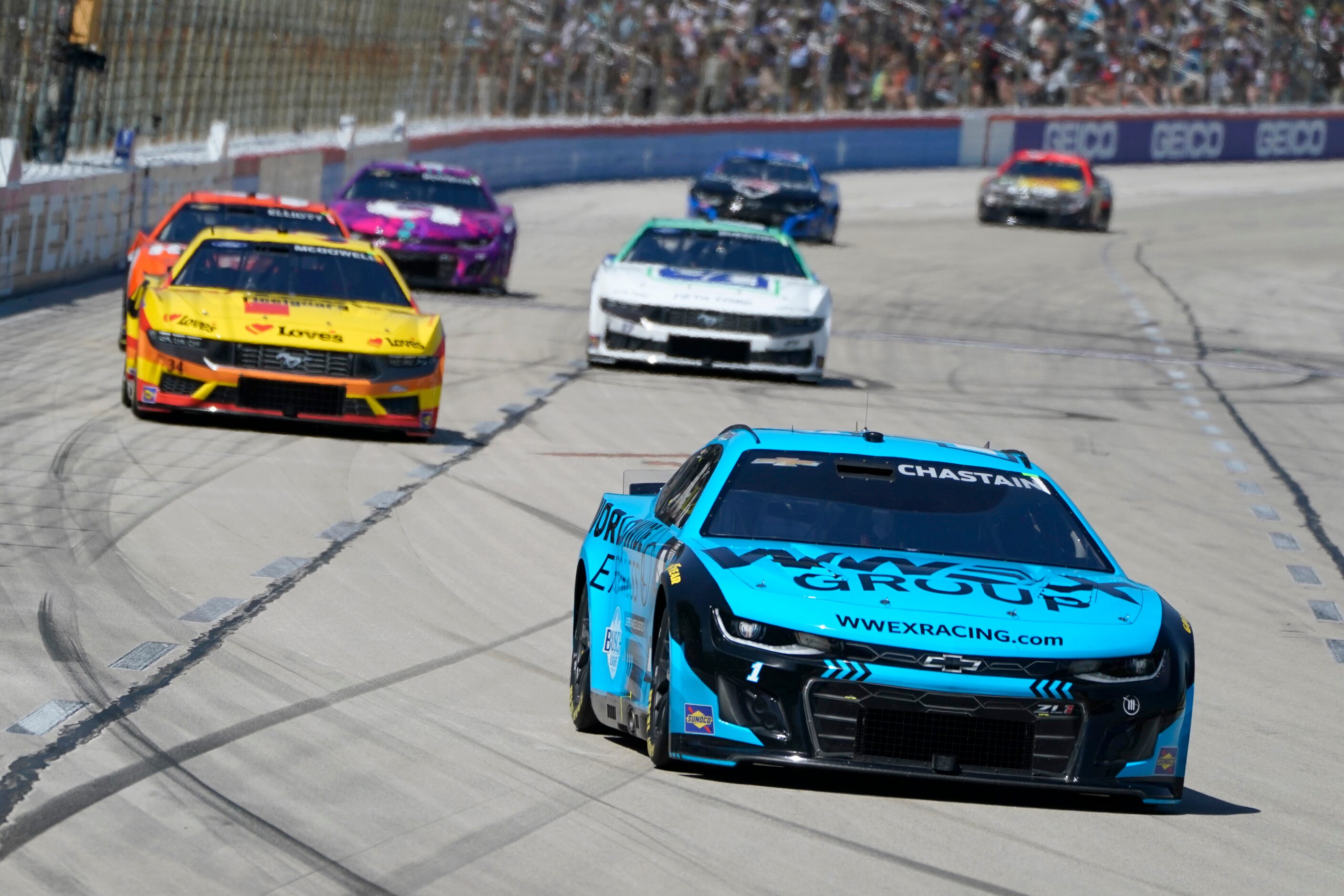 Ross Chastain (1) heads into Turn 1 during a NASCAR Cup Series auto race at Texas Motor...