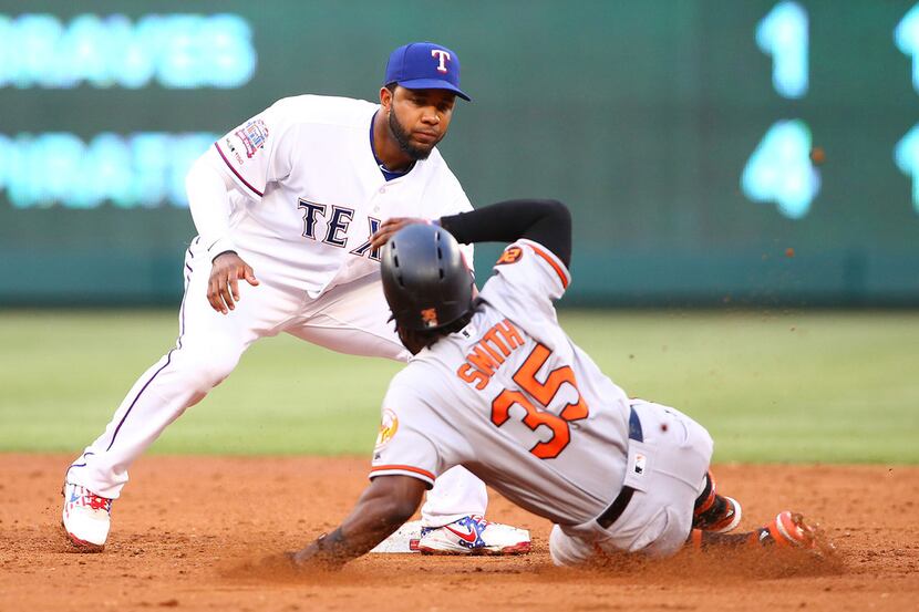 Infielder Elvis Andrus of the Texas Rangers tags out the Baltimore Orioles' Dwight Smith Jr....