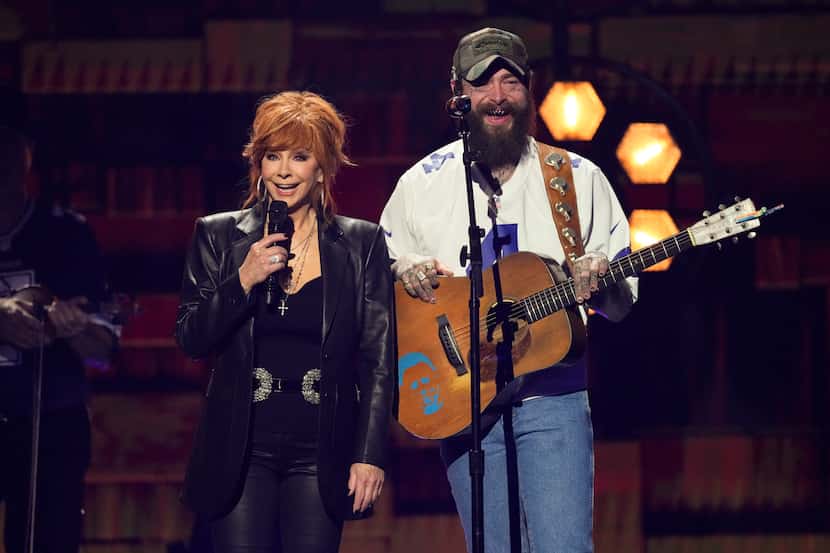 Reba McEntire (left) and Post Malone performed "Ramblin' Man" during the 59th annual Academy...