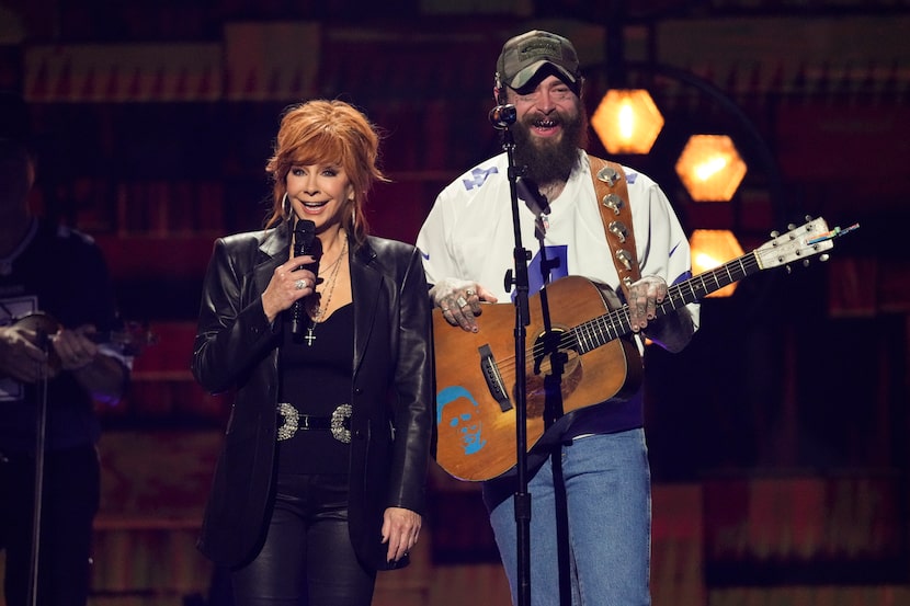 Reba McEntire (left) and Post Malone performed "Ramblin' Man" during the 59th annual Academy...