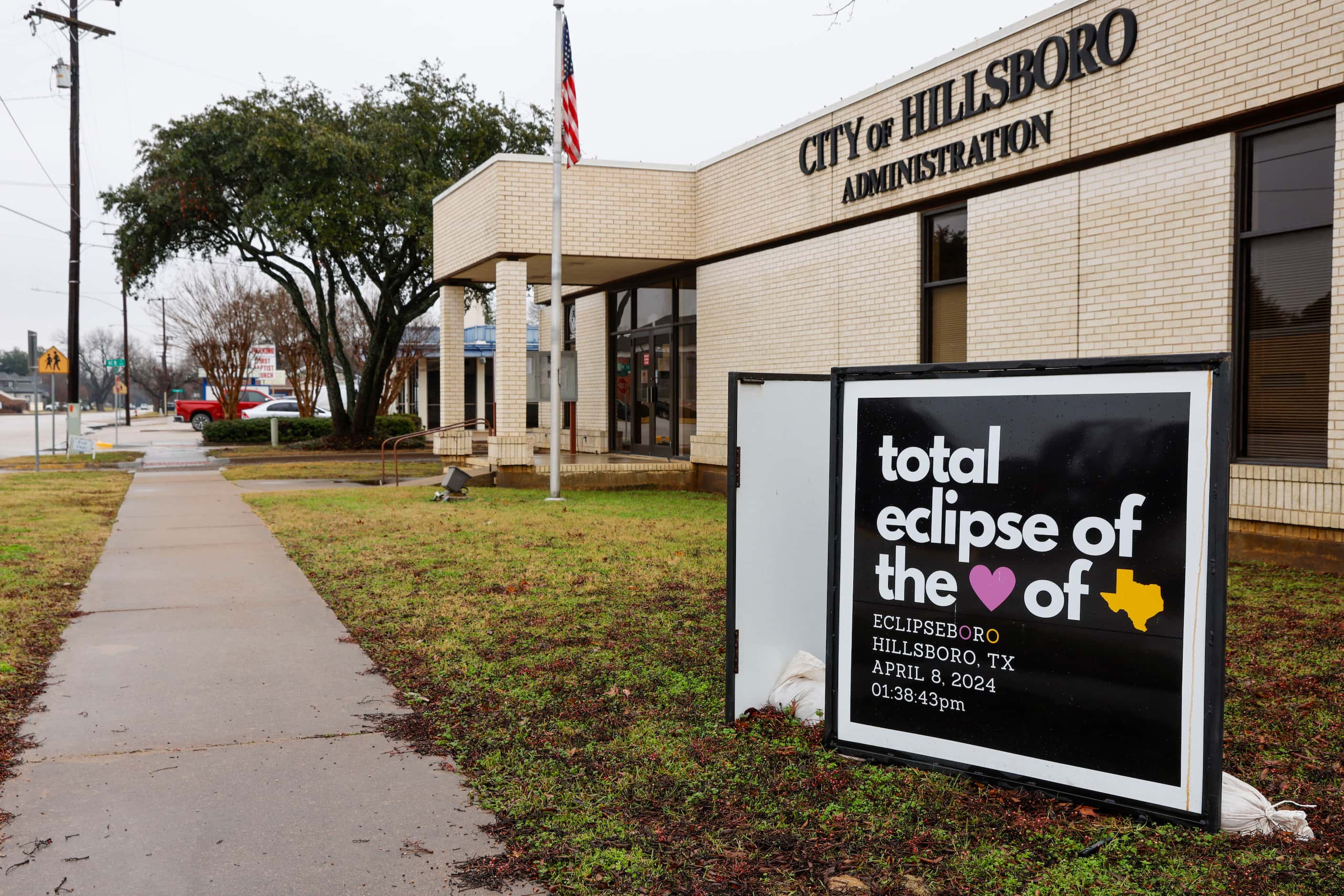 An “Eclipseboro” sign is seen near the square, Tuesday, Jan. 23, 2024, in Hillsboro, Texas....