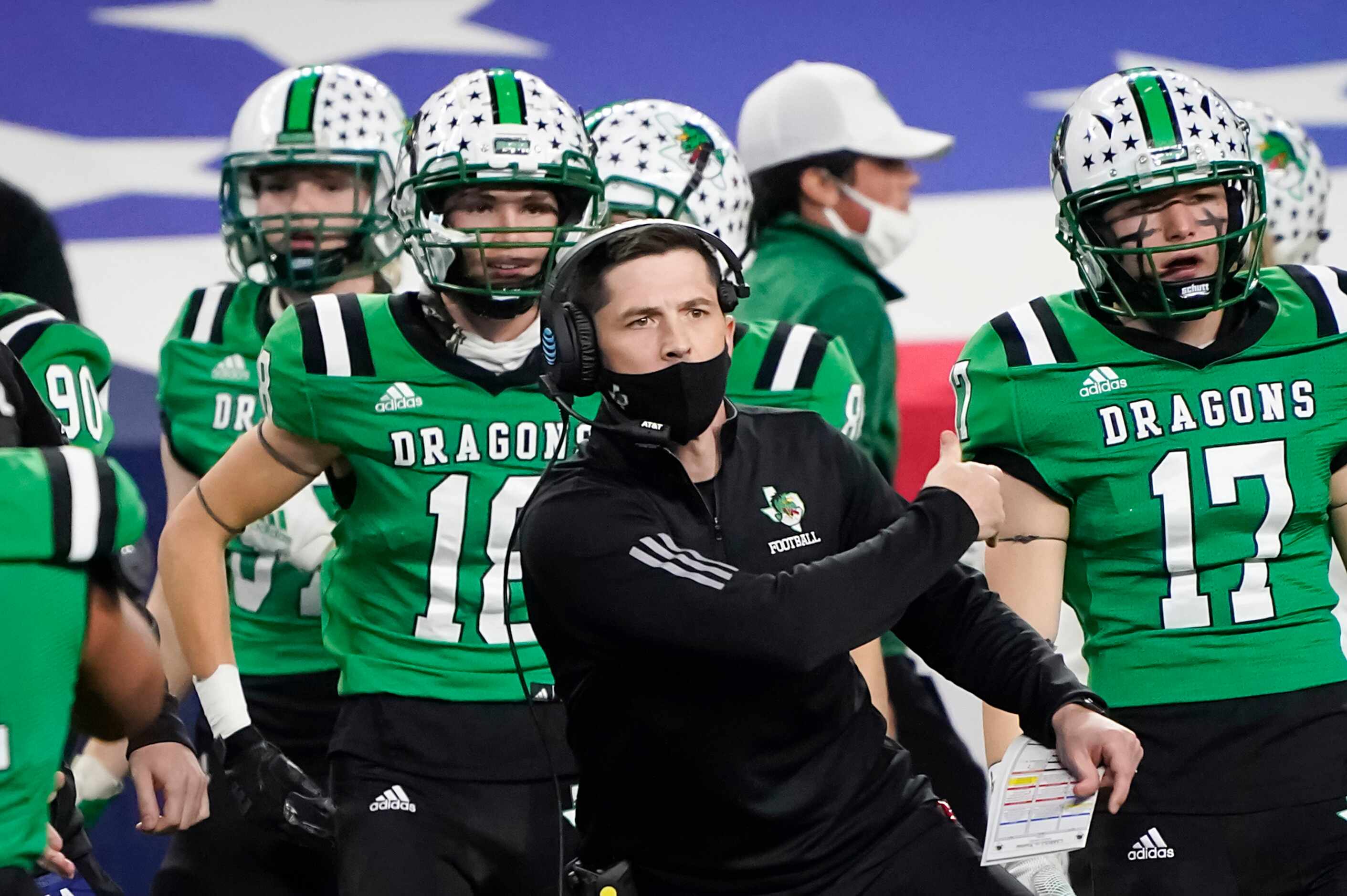 Southlake Carroll head coach Riley Dodge celebrates a touchdown during the first quarter of...
