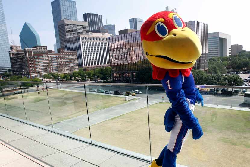 The Kansas Jayhawks mascot hangs out on the balcony during the Big 12 media days at the Omni...