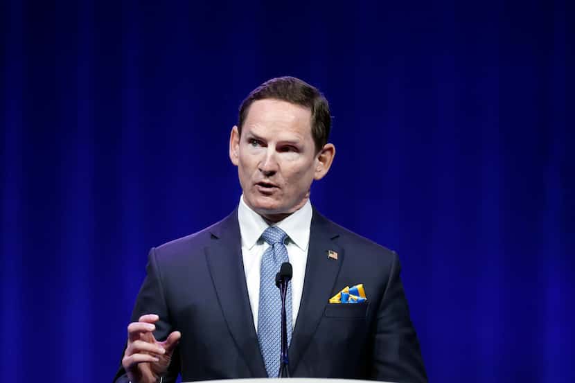 Dallas County Judge Clay Jenkins speaks to delegates and guests gathered for the 2022 Texas...