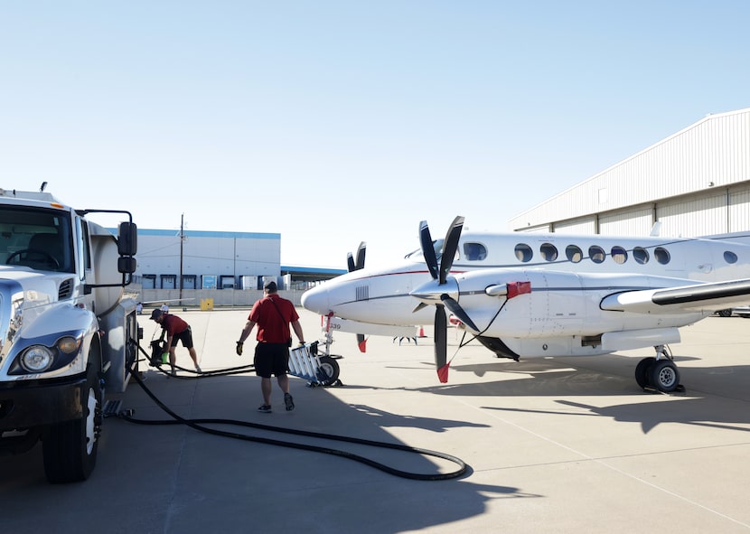 An airplane is refueled at the McKinney National Airport in McKinney, TX, on Nov 6, 2024.