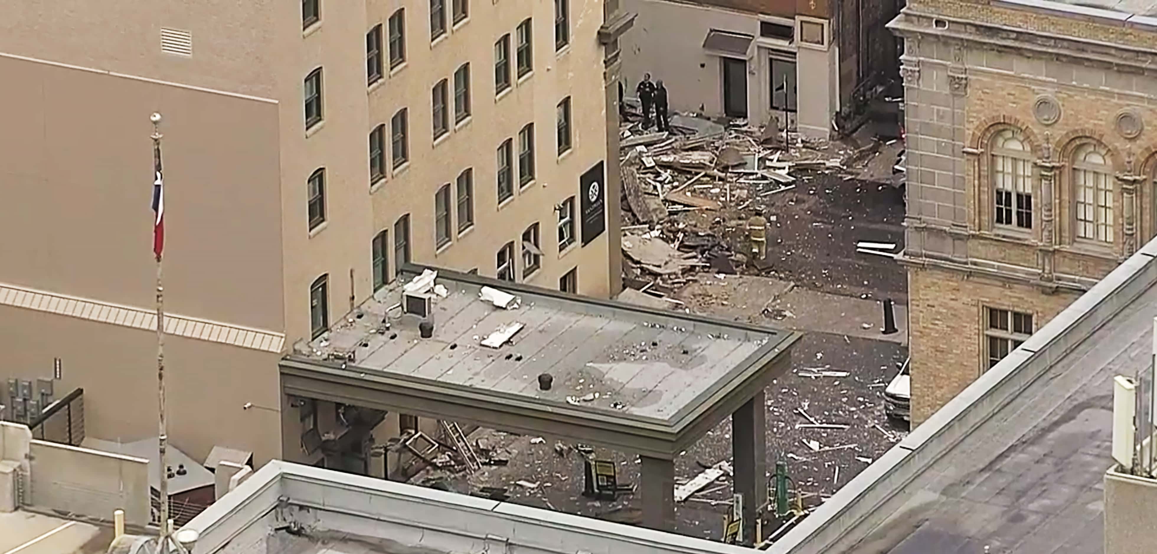 A framegrab from NBC5 over  the scene of an explosion that happened because of a suspected...