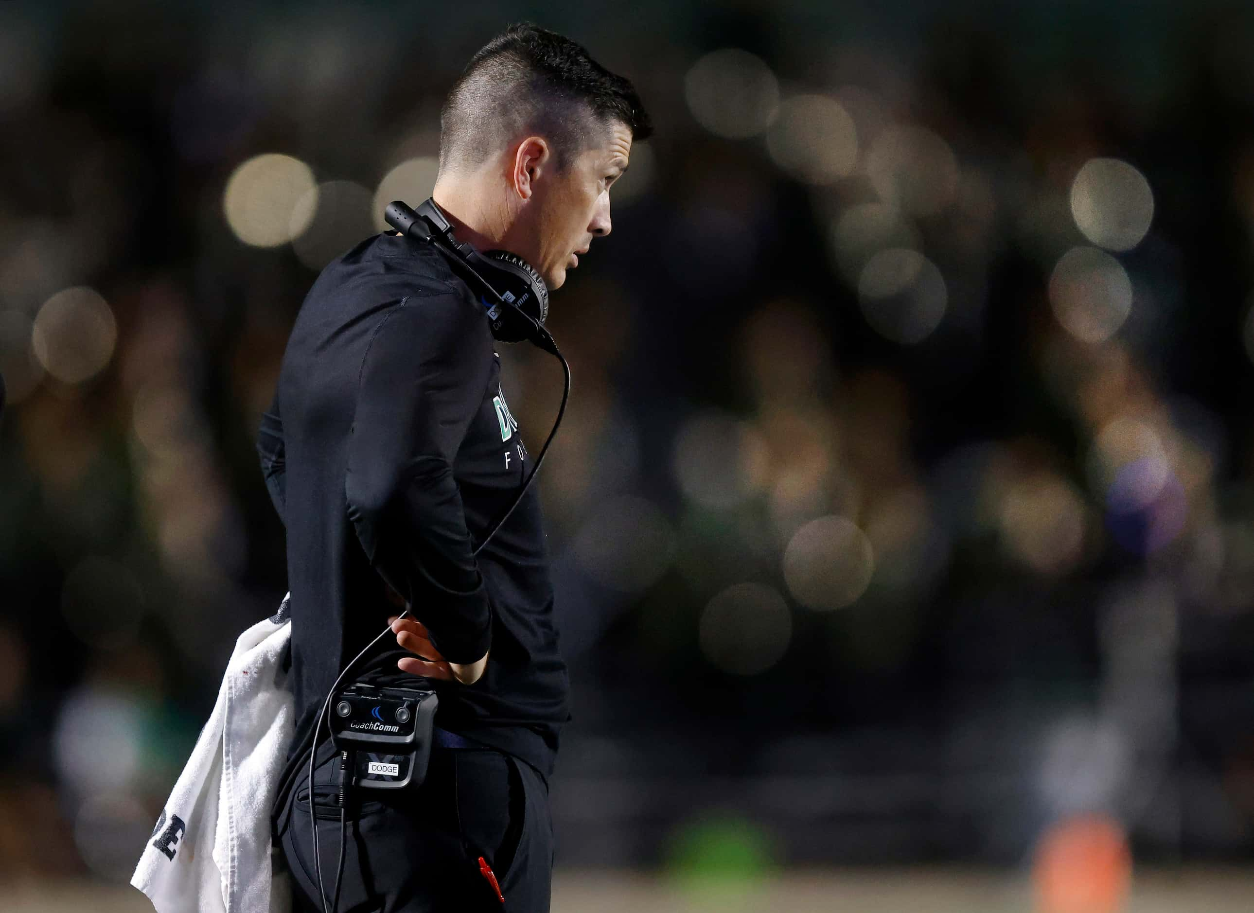 Southlake Carroll head coach Riley Dodge looks to the Keller sideline during the fourth...