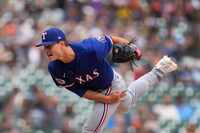 Texas Rangers pitcher Jack Leiter throws against the Detroit Tigers in the fourth inning of...