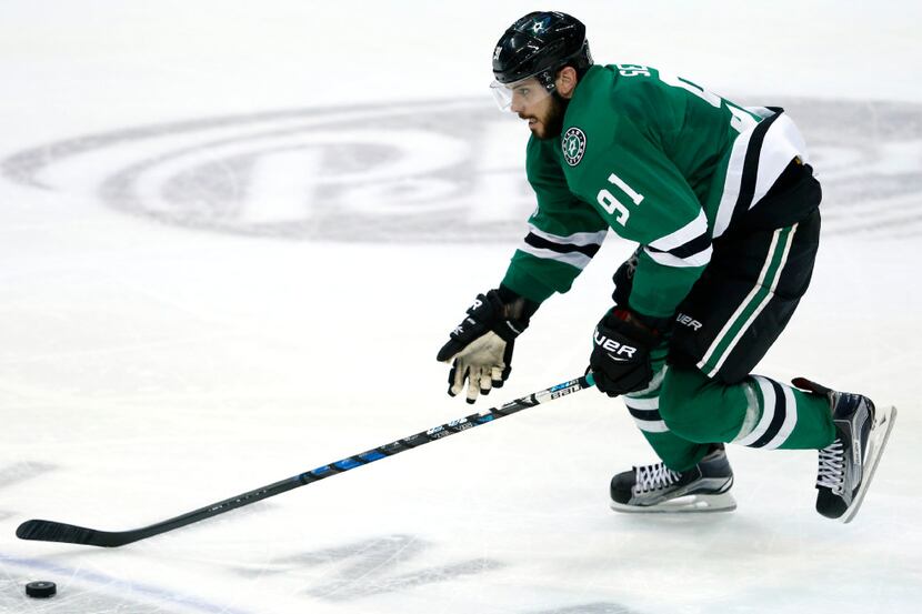 Dallas Stars center Tyler Seguin (91) advances the puck in a game against the Tampa Bay...