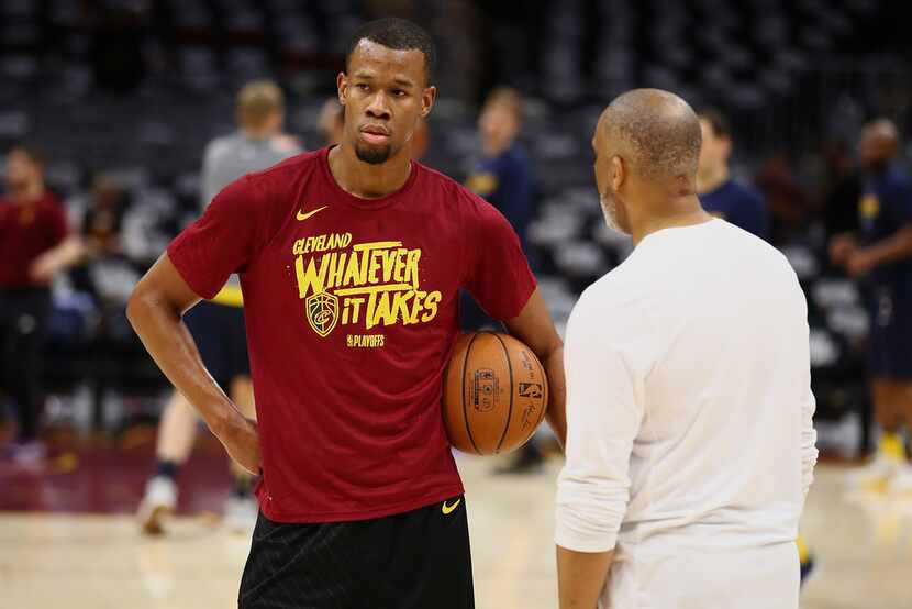 CLEVELAND, OH - APRIL 15:  Rodney Hood #1 of the Cleveland Cavaliers warms up prior to...