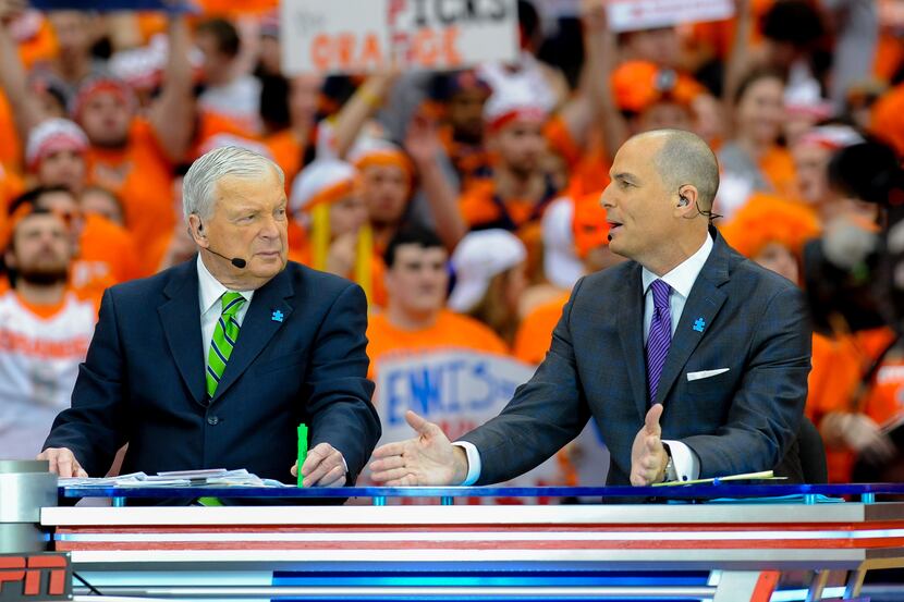 ESPN College GameDay hosts (L-R) Digger Phelps and Jay Bilas prior to the game between the...