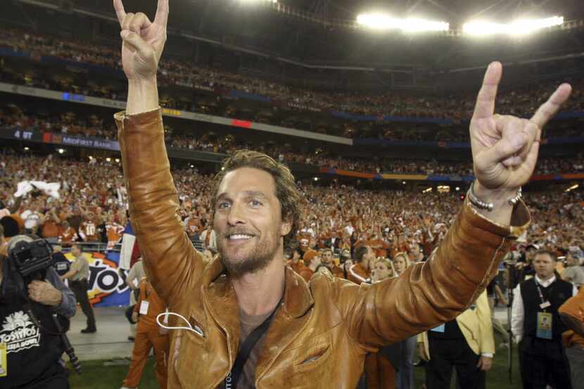 Matthew McConaughey celebrates after Texas defeated Ohio State 24-21 in the Fiesta Bowl NCAA...