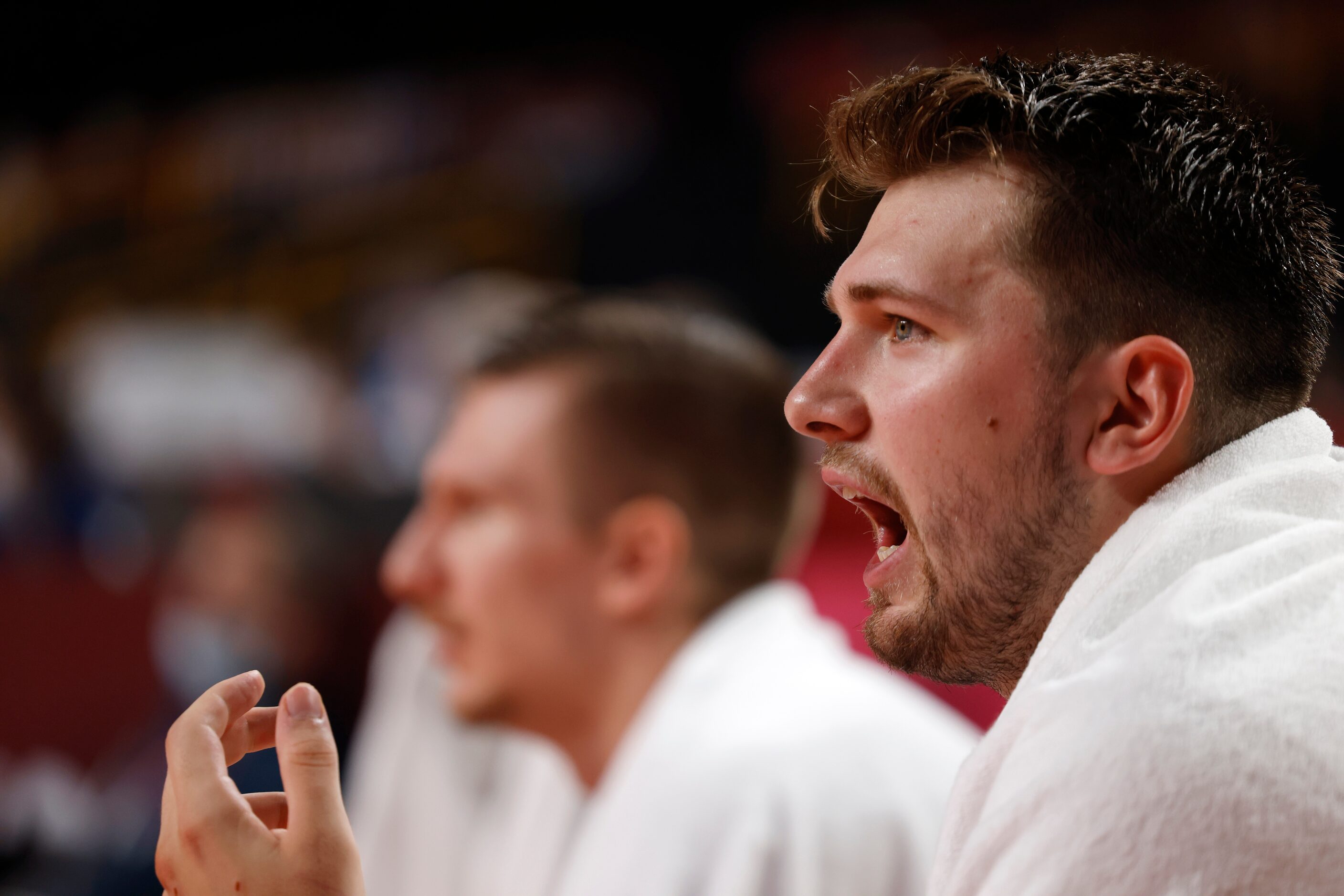 Slovenia’s Luka Doncic (77) reacts to a play in the basketball game against Japan  from the...