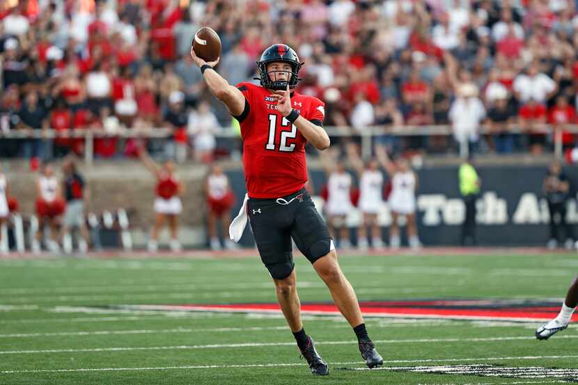 Texas Tech's Tyler Shough (12) passes the ball during the first half of an NCAA college...