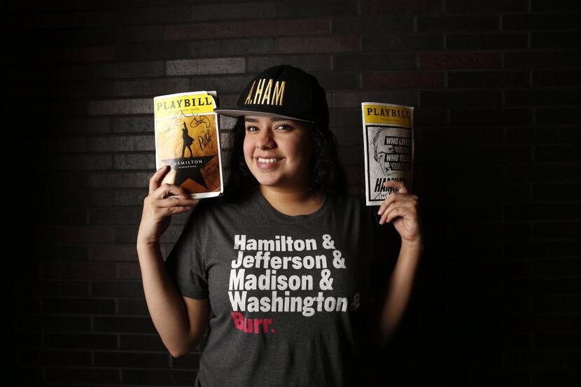 Senior Maya Quetzali, a fan of the Broadway musical 'Hamilton,' poses for a photograph with...