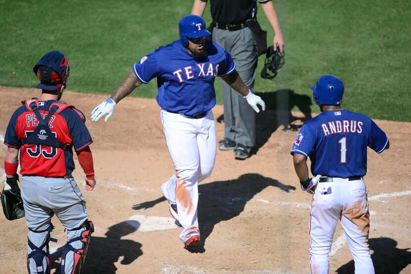Mar 8, 2015; Surprise, AZ, USA; Texas Rangers first baseman Prince Fielder (84) crosses home...