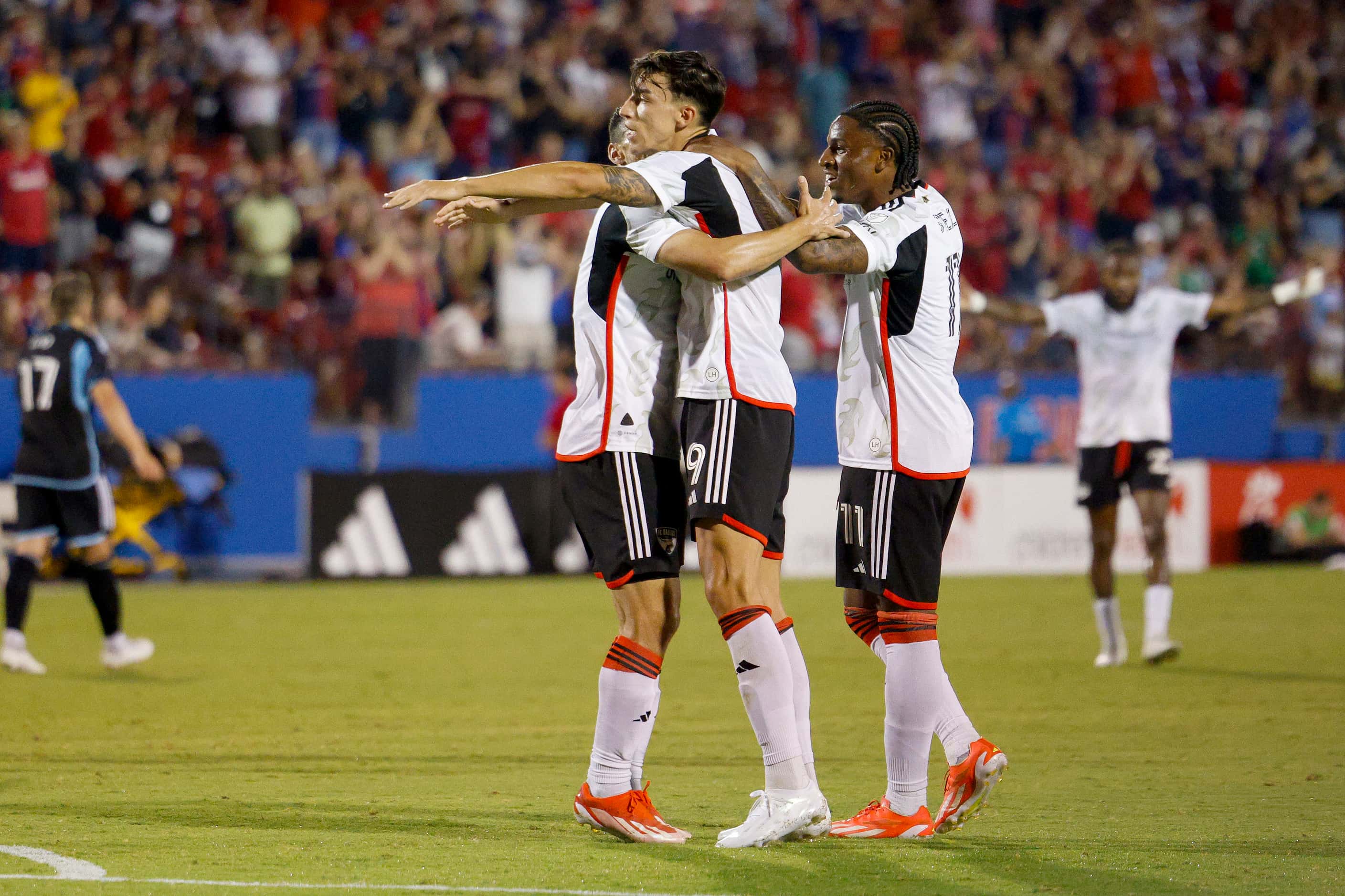 FC Dallas forward Petar Musa (9) celebrates his third goal an MLS soccer match against...