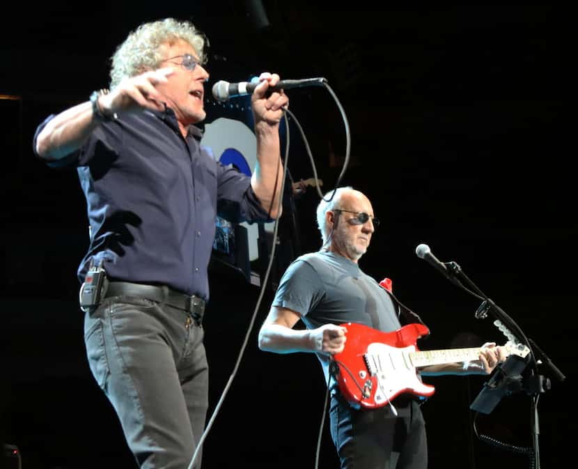 Roger Daltrey, left, lead singer of The Who, and guitarist Pete Townshend, right, perform...