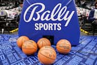 A Bally Sports logo is seen on a basketball stanchion before an NBA game between the Dallas...