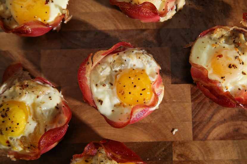 Baked Pancetta baskets with tomatoes, crab, and eggs