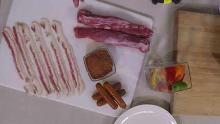 Ingredients for Three Little Pigs: bacon, pork loin and chorizo.