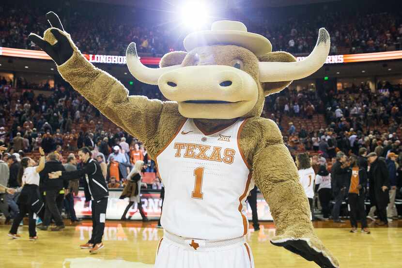 Texas mascot Hook 'Em cheers after Texas defeated Texas Tech, 67-58, at the Frank Erwin...