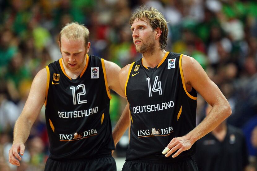 Chris Kaman and Dirk Nowitzki of Germany during a second-round game at EuroBasket 2011.