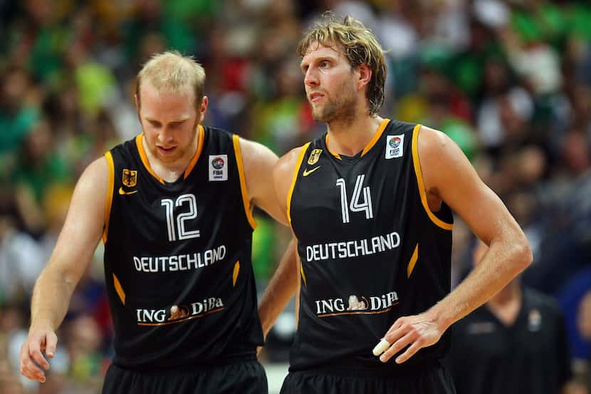 Chris Kaman and Dirk Nowitzki of Germany during a second-round game at EuroBasket 2011.