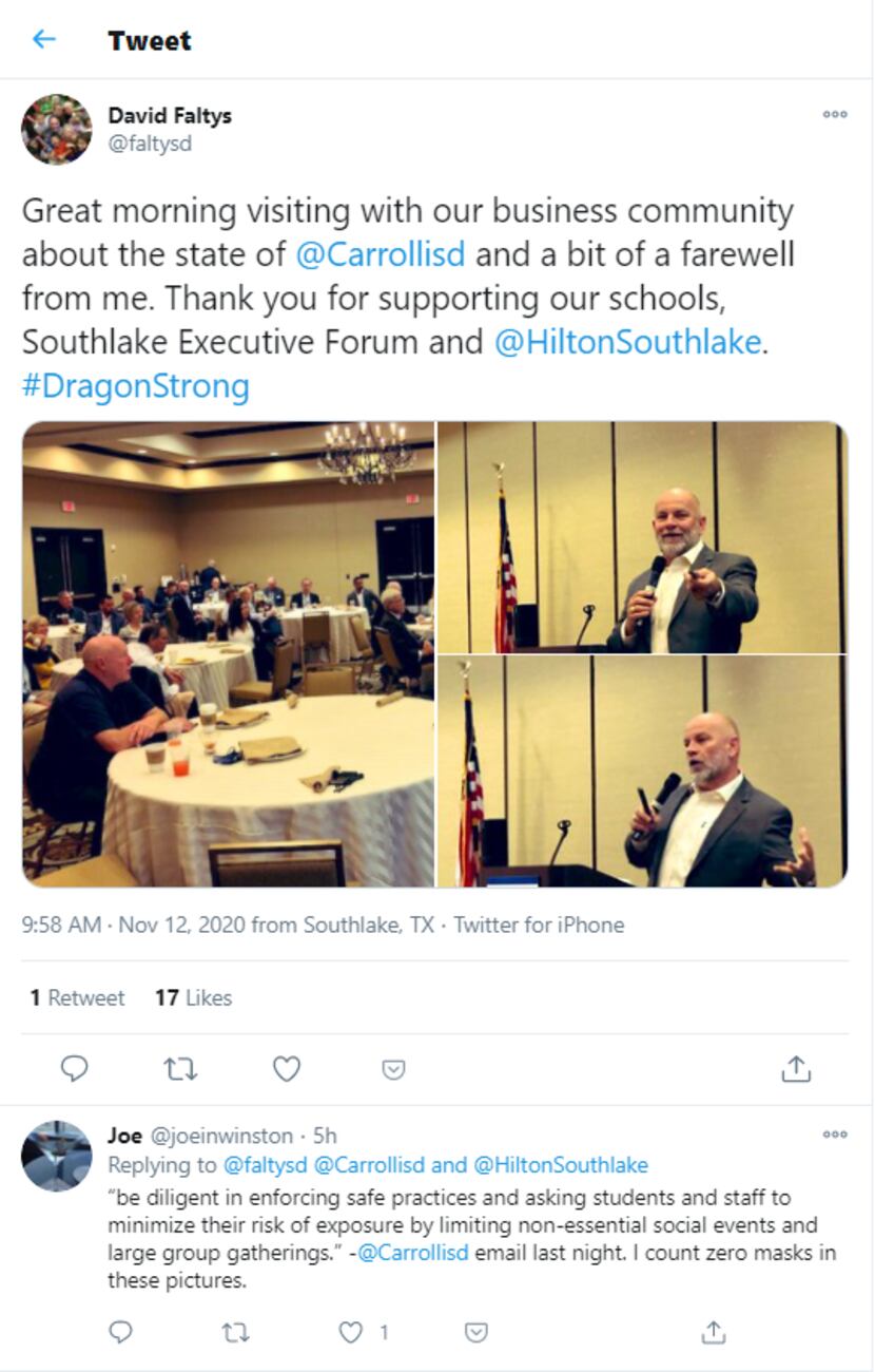 This is a screengrab of a tweet from outgoing Carroll ISD Superintendent David Faltys, who...