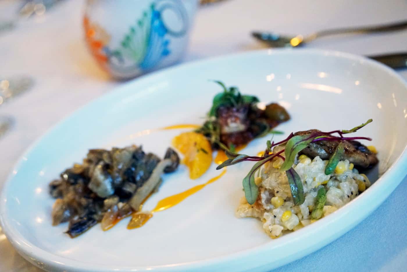 Appetizers include shiitake and chantrelle mushroom, Mediterranean pulpo, and spiced maple...