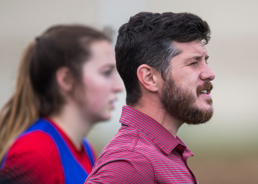 Mansfield Legacy head coach Zachary Hallak waits to sub in a player during the first half of...