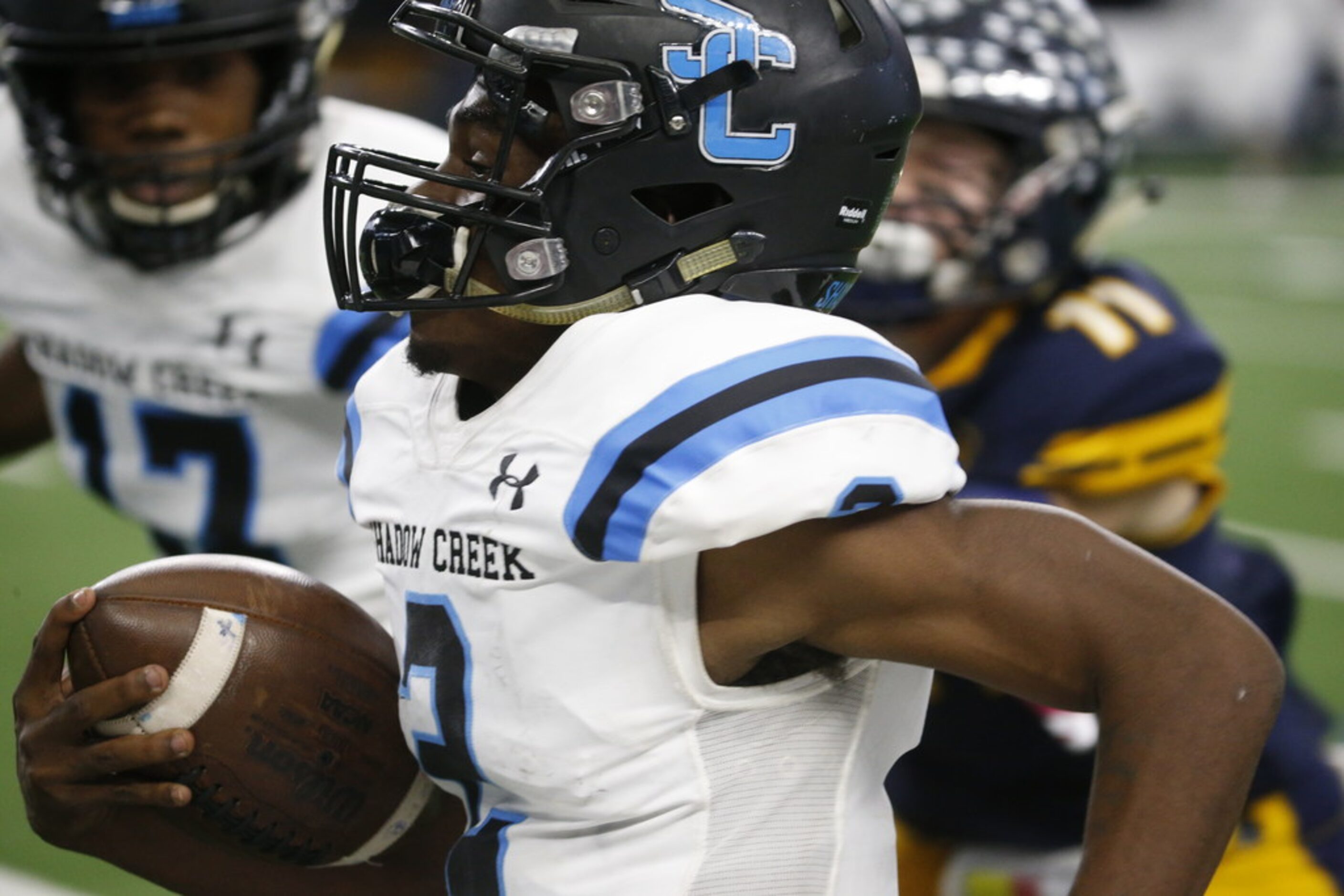 Shadow Creek's quarterback Jamarian George (2) makes a 99 yard touchdown against Highland...