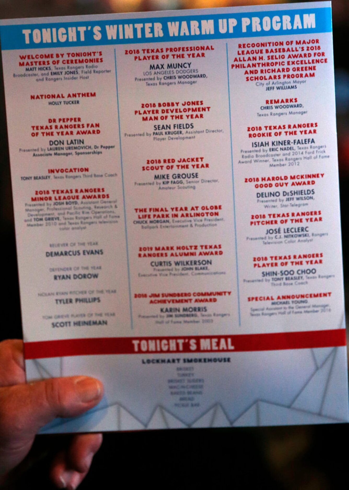 Program for the 2019 Dr. Pepper Texas Rangers Awards Dinner at Texas Live! in Arlington,...