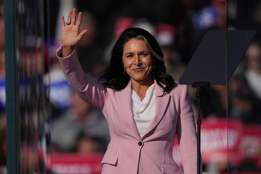 Tulsi Gabbard arrives to speak before Republican presidential nominee former President...