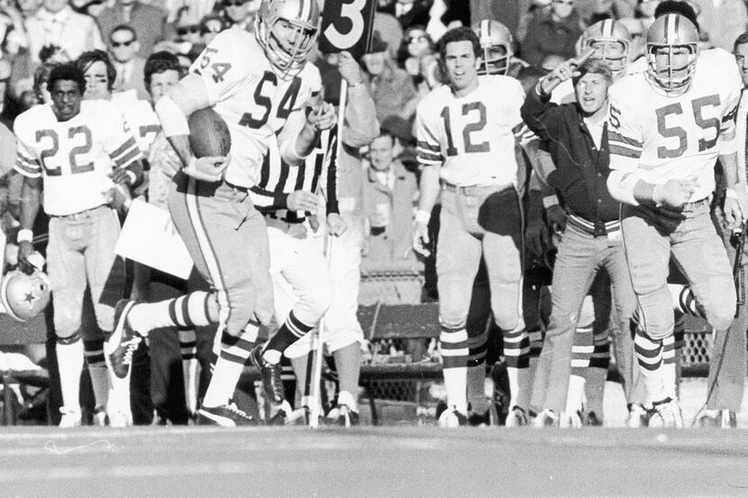 1971 -- Chuck Howley intercepts a Bob Griese pass in the fourth quarter of Super Bowl VI....