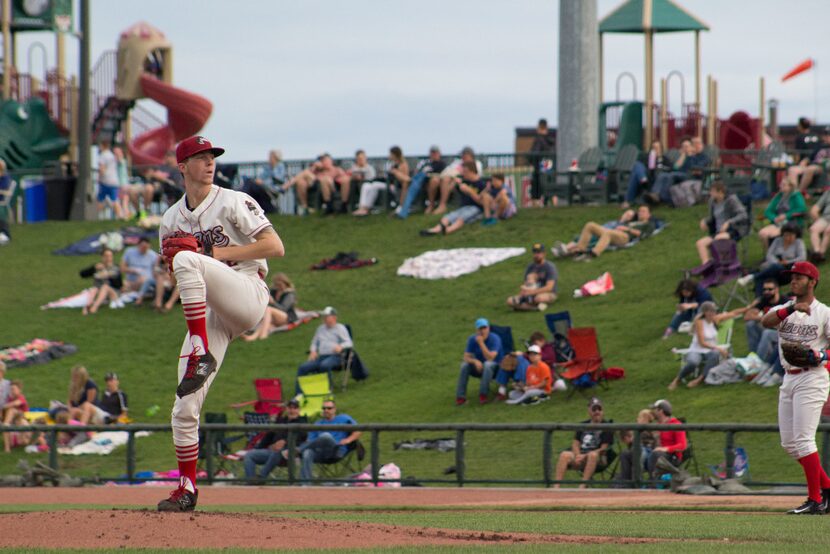 A.J. Alexy winds up to pitch for the Great Lakes Loons. Alexy joined the Rangers' minor...