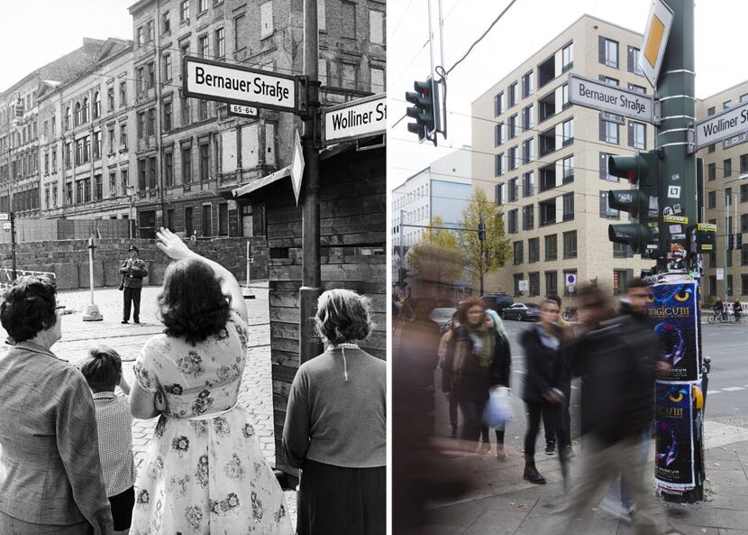 The combo shows West Berliners waving to relatives in East Berlin one year after the Berlin...