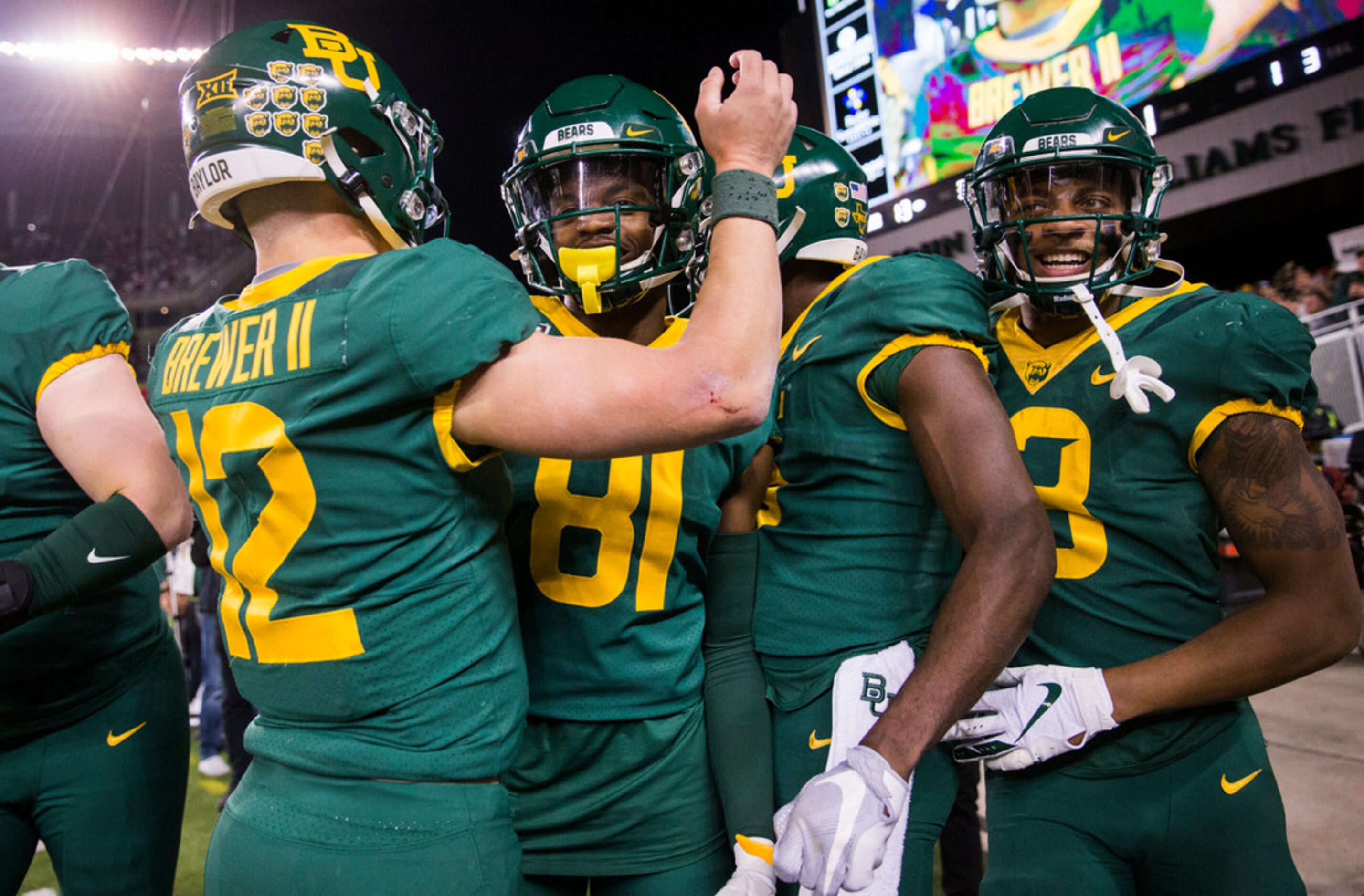 Baylor Bears celebrates a touchdown by wide receiver Denzel Mims (5) during the first...