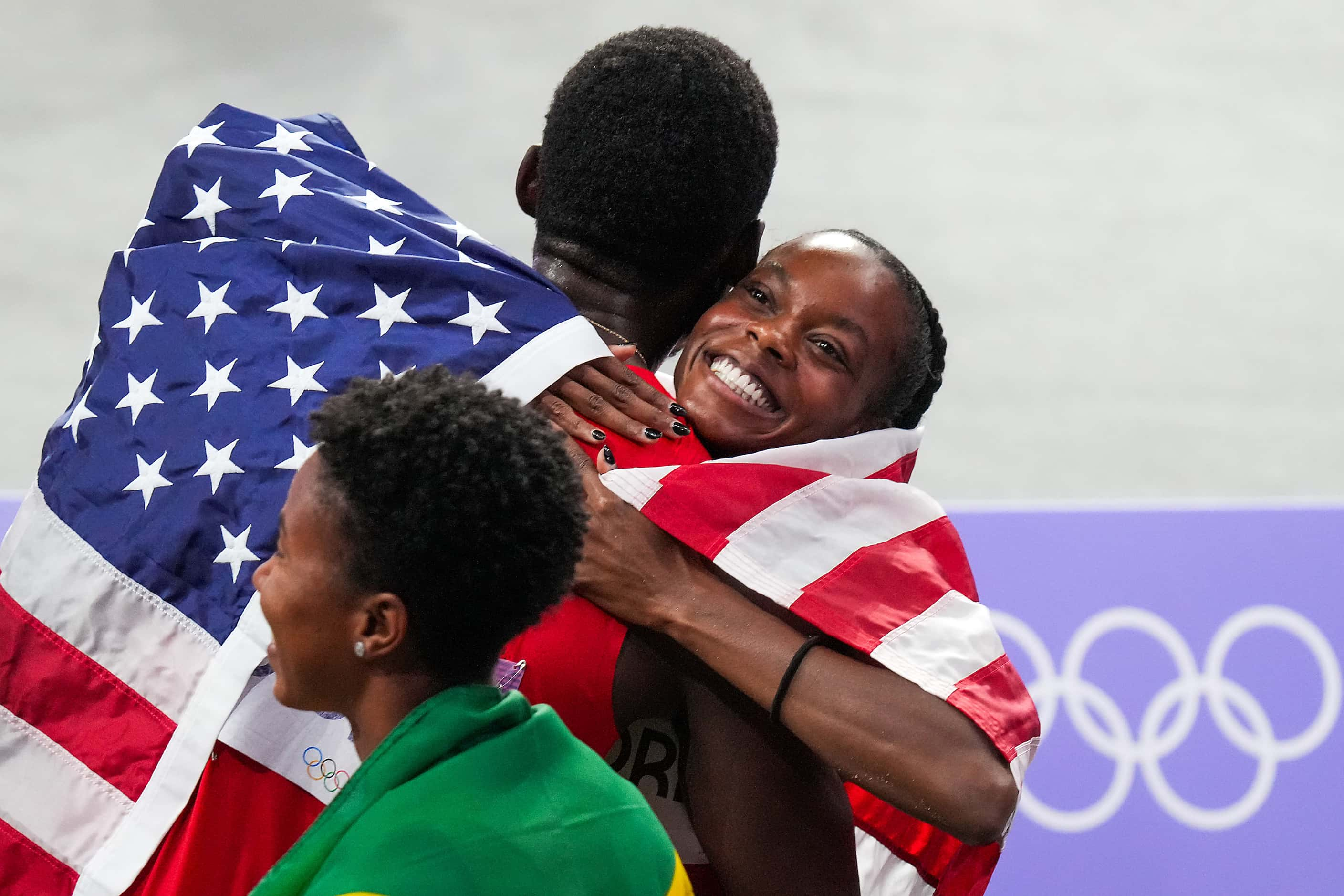 Jasmine Moore of the United States celebrates after winning the bronze medal in the women’s...