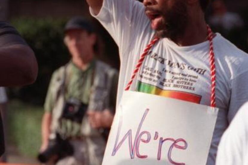 
John Wiley Price protested in front of the WFAA-TV station in Dallas in August 1991. 
