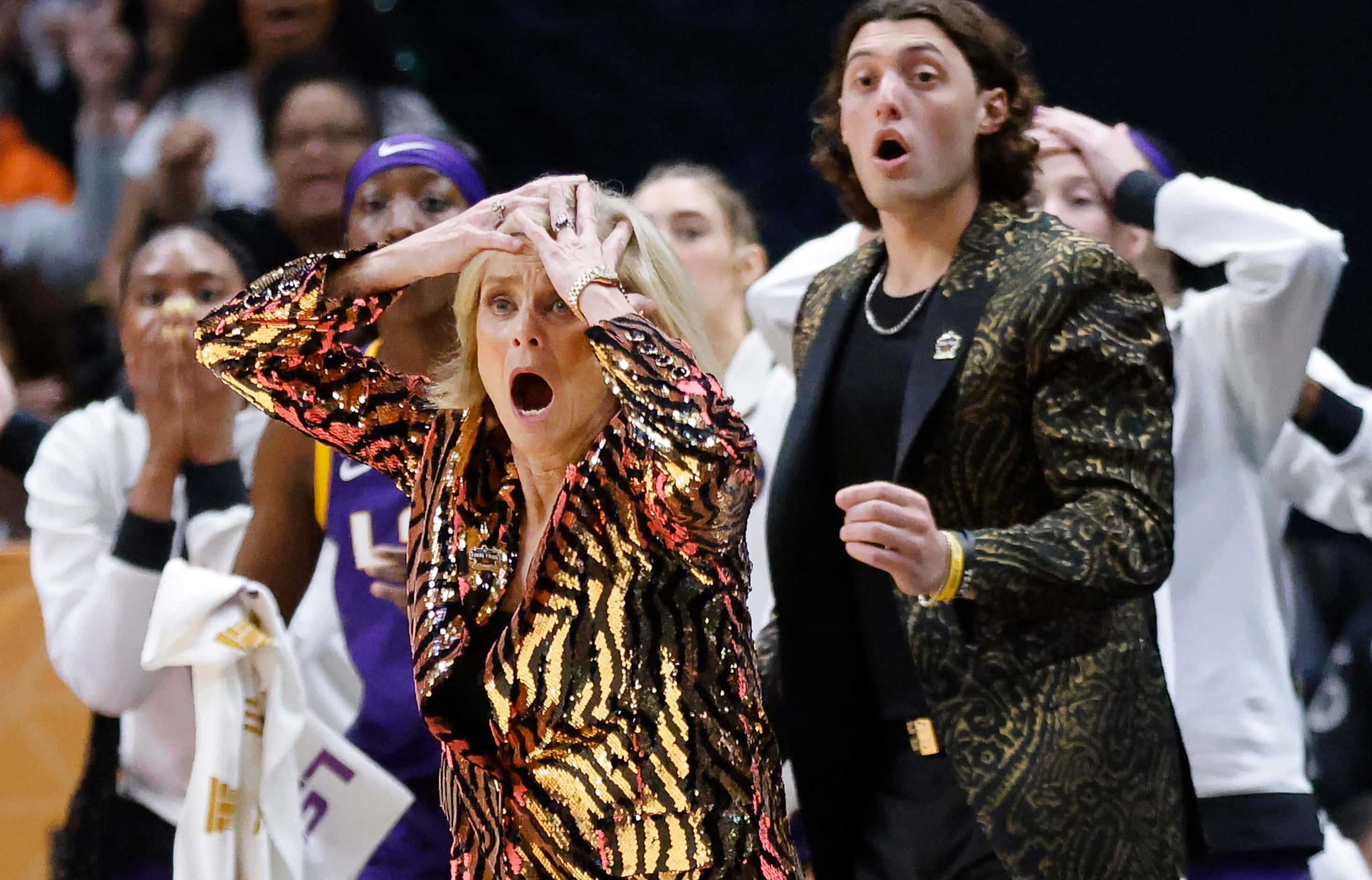 LSU Lady Tigers head coach Kim Mulkey reacts to a foul against her player during the first...