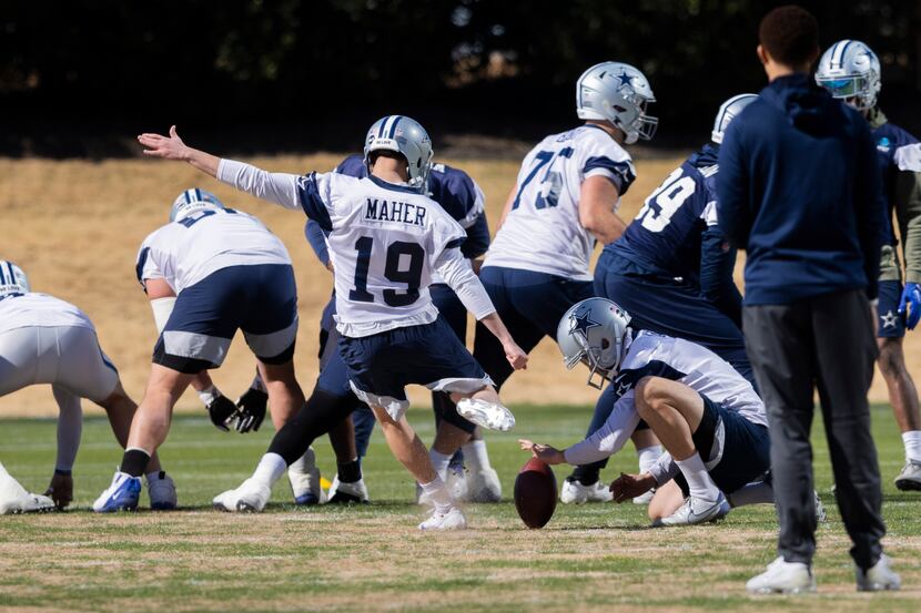Dallas Cowboys place kicker Brett Maher (19) practices on Thursday, Jan. 19, 2023, at the...